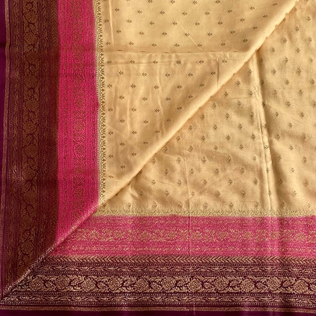 Tri Colour Beige Burgundy And Rose Pink Banarasi Crepe Silk Saree With Gold Zari