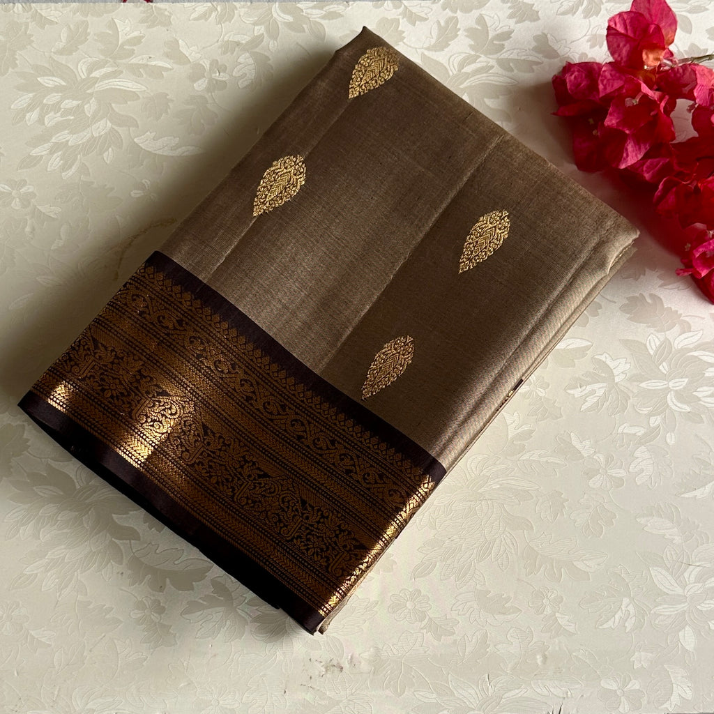 Antique Metallic Beige Designer Pure Silk Saree With Chocolate Brown Pallu