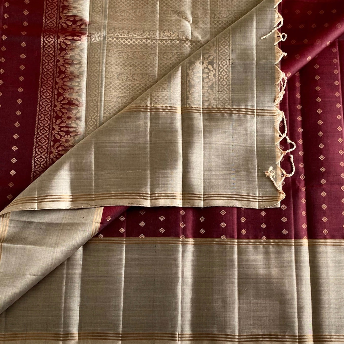 Deep Maroon Designer Pure Silk With Antique Gold Pallu