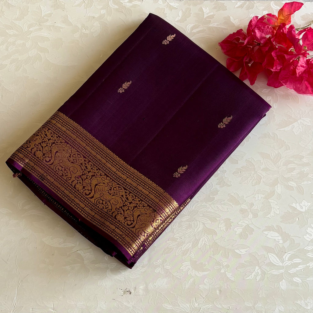 Deep Plum Purple Designer Pure Silk Saree With Antique Gold Pallu