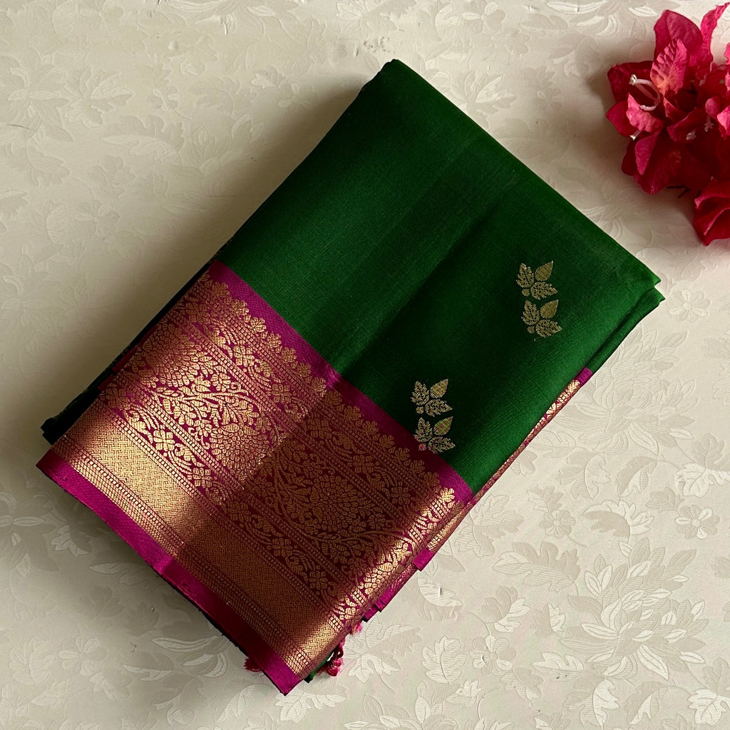 Emerald Green Designer Pure Silk Saree With Rani Pink Pallu