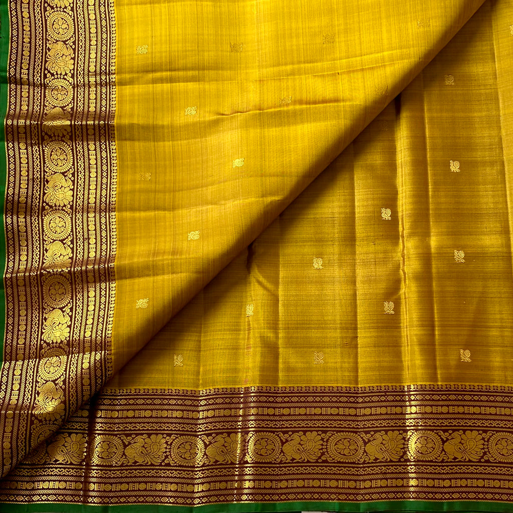 Mustard Yellow Silk Saree Burgundy Pallu Gold Brocade Green Border