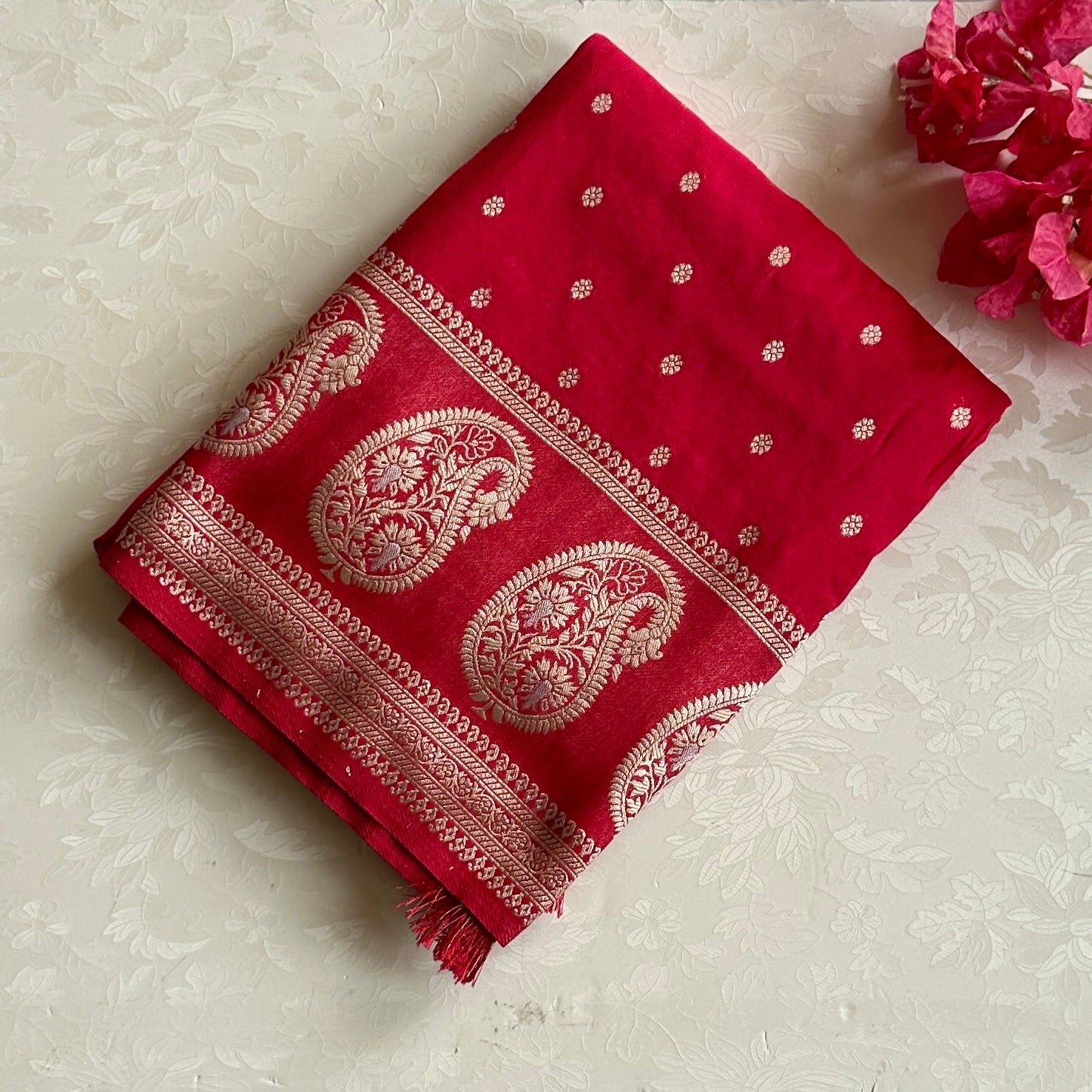 Magenta Silk Brocade Saree Gold Paisley Border Wedding Wear Tassel