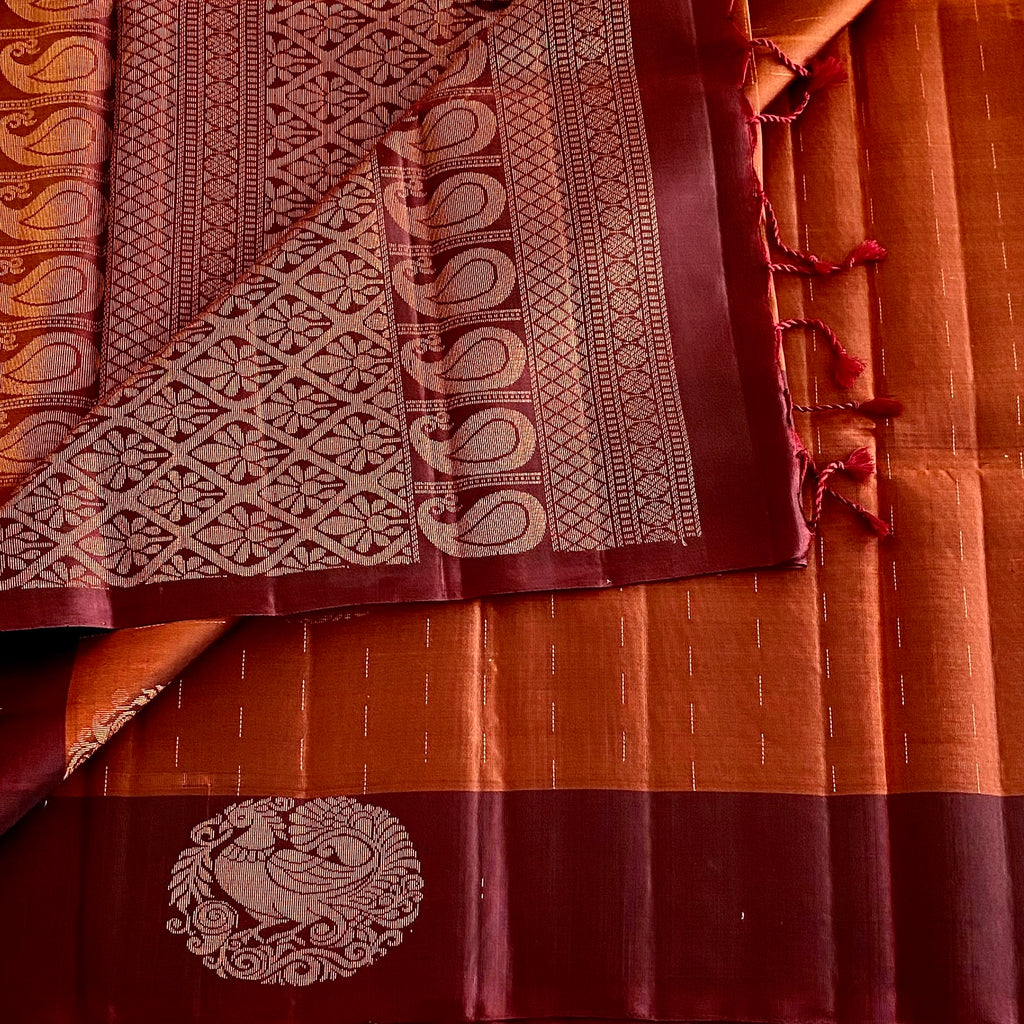 Deep Rust Designer Pure Silk Saree With Wine Maroon Pallu