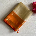 Antique Beige Designer Pure Silk Saree With Saffron Orange Pallu