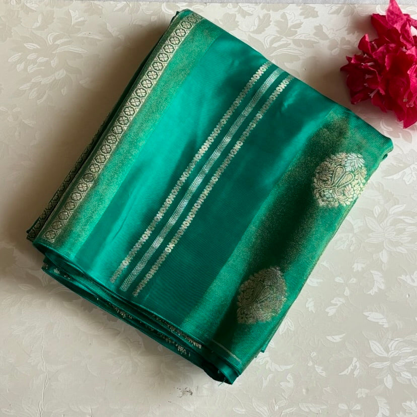 Peacock Sea Green Designer Soft Crepe Saree With Antique Gold Pallu