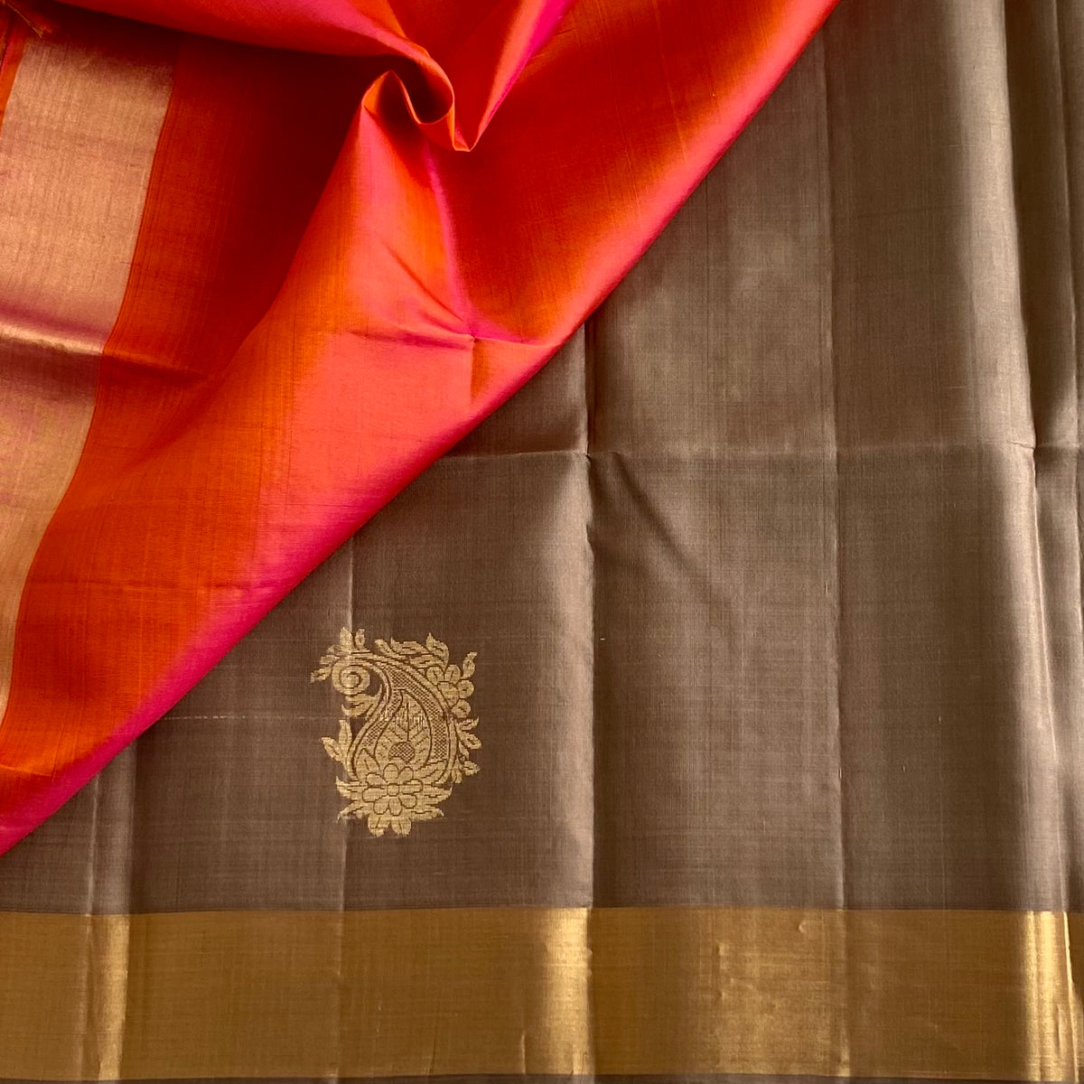 Taupe Brown Designer Pure Silk Saree With Sunset Orange Pallu