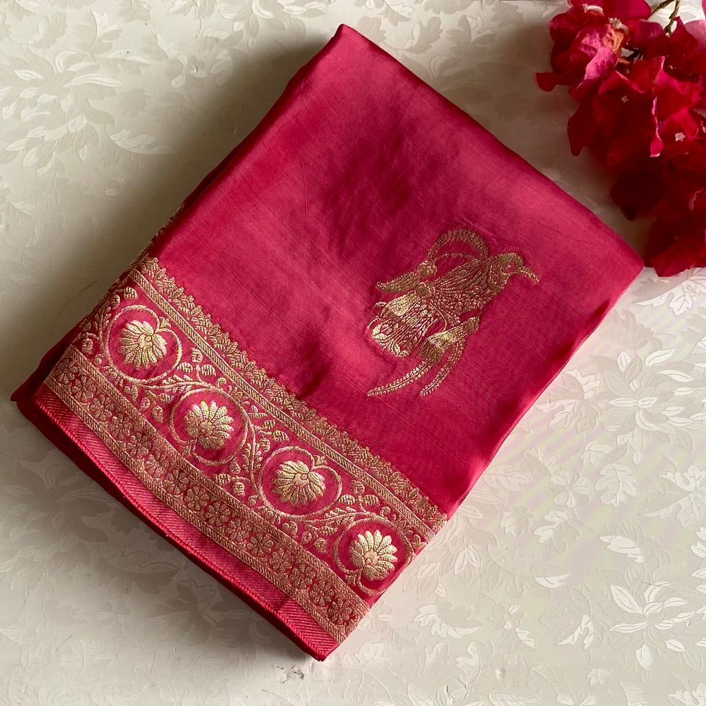 Rose Pink Soft Crepe Silk Saree With Wine Designer Blouse