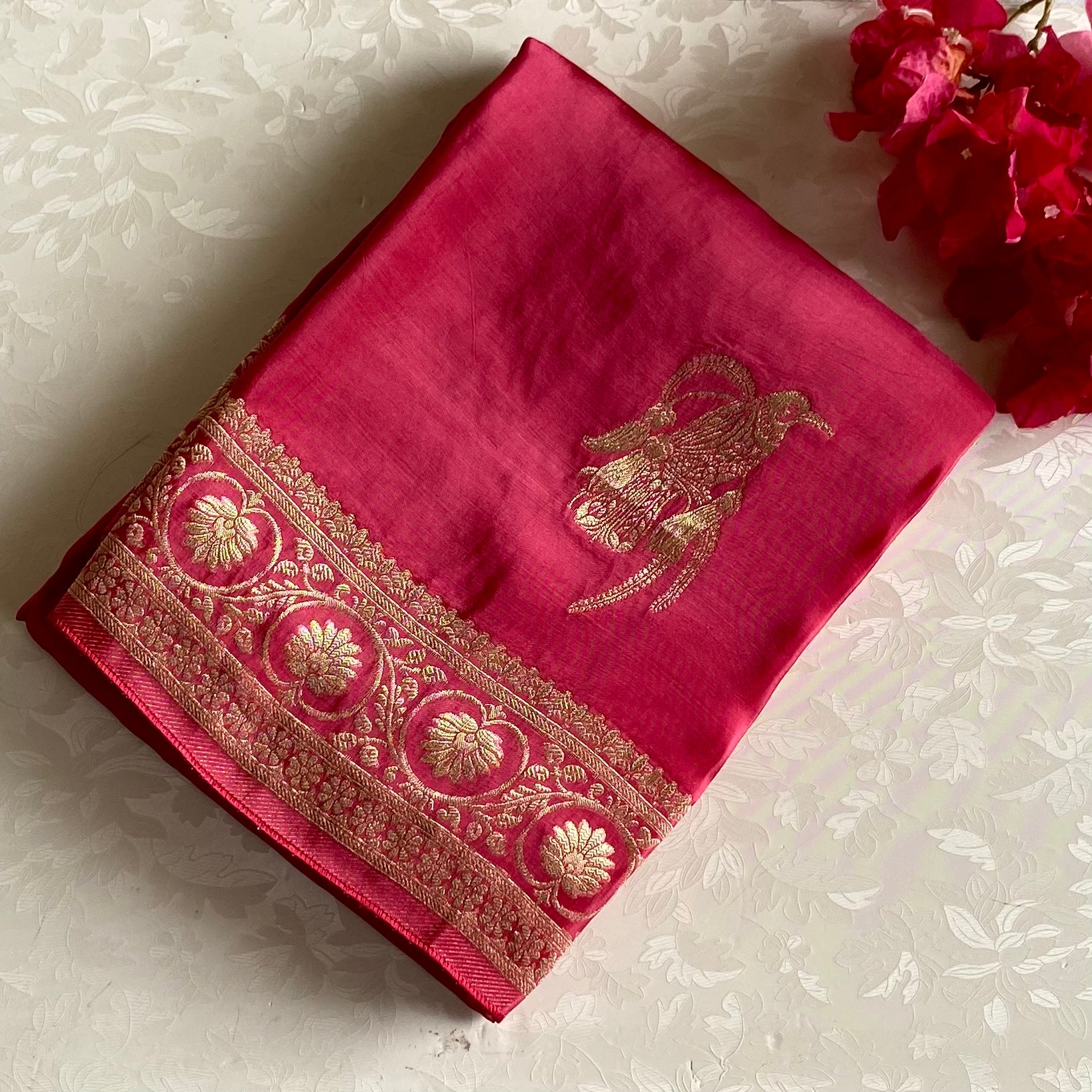 Rose Pink Soft Crepe Silk Saree With Wine Designer Blouse