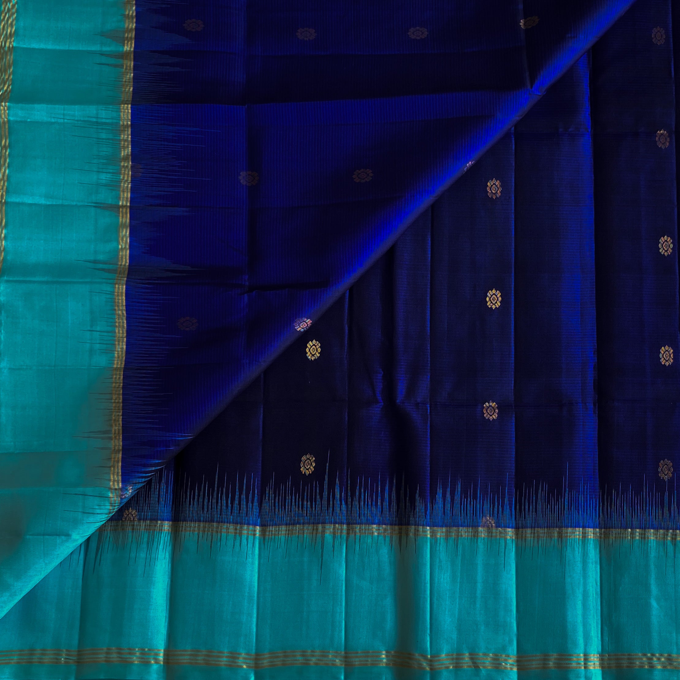 Royal Blue Aqua Silk Saree Gold Woven Zari Floral Pallu