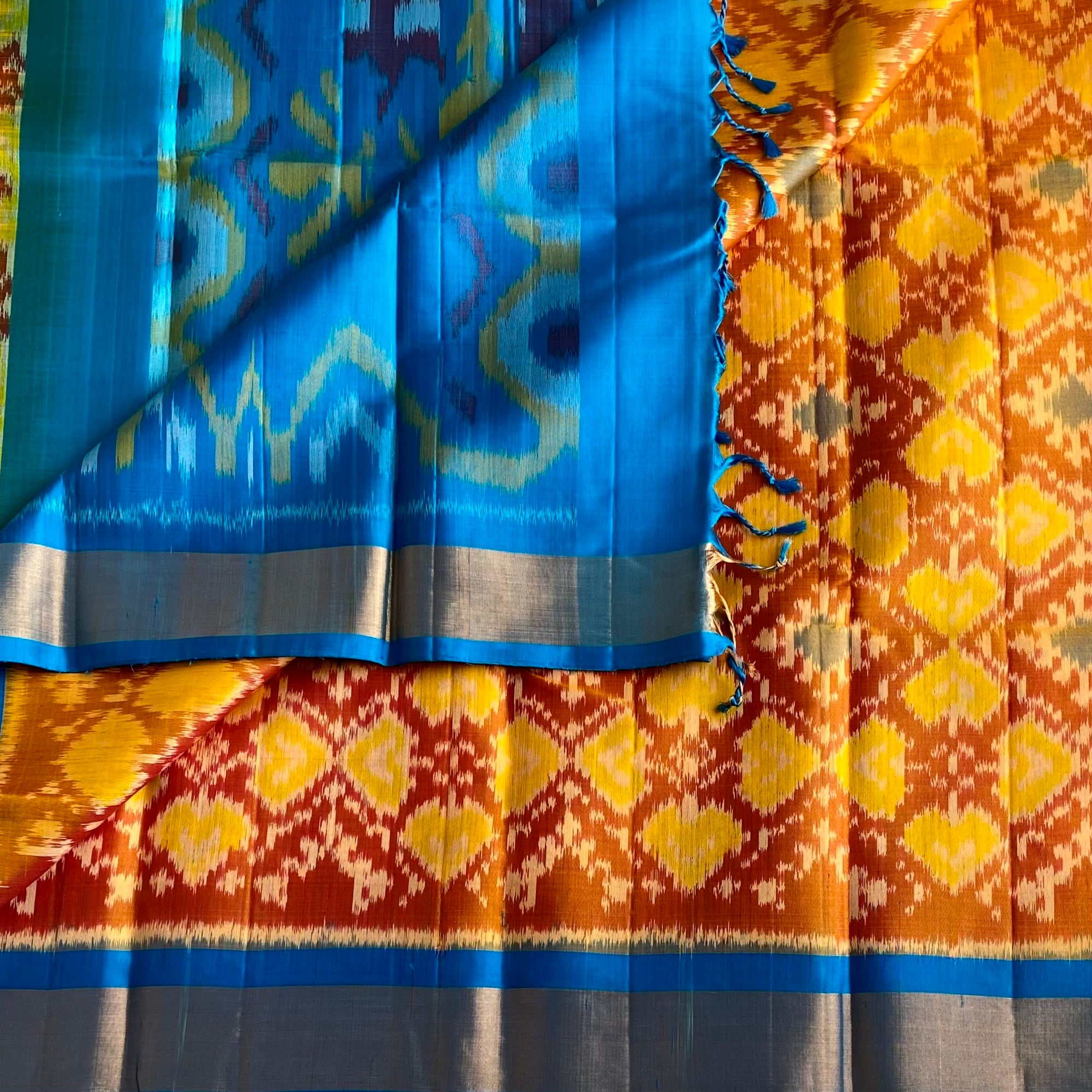 Mustard Burnt Orange with Sky Blue Ikkat Handwoven Designer Pure Silk