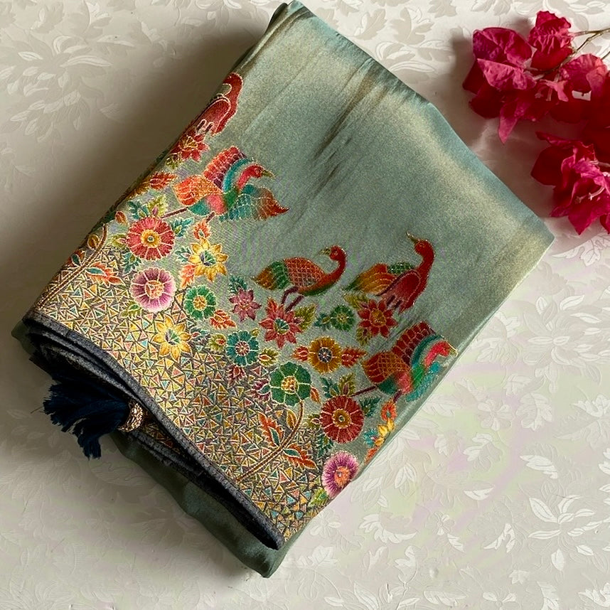 Sage Green Soft Premium Tissue Silk With Coral Red Meenakari Weave
