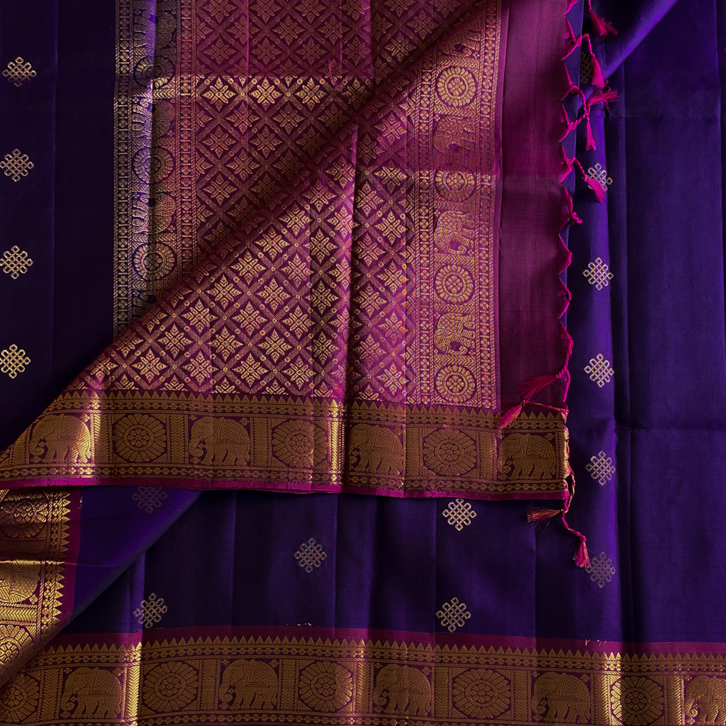 Royal Purple Zari Border Saree with Fuchsia Pallu and Elephants