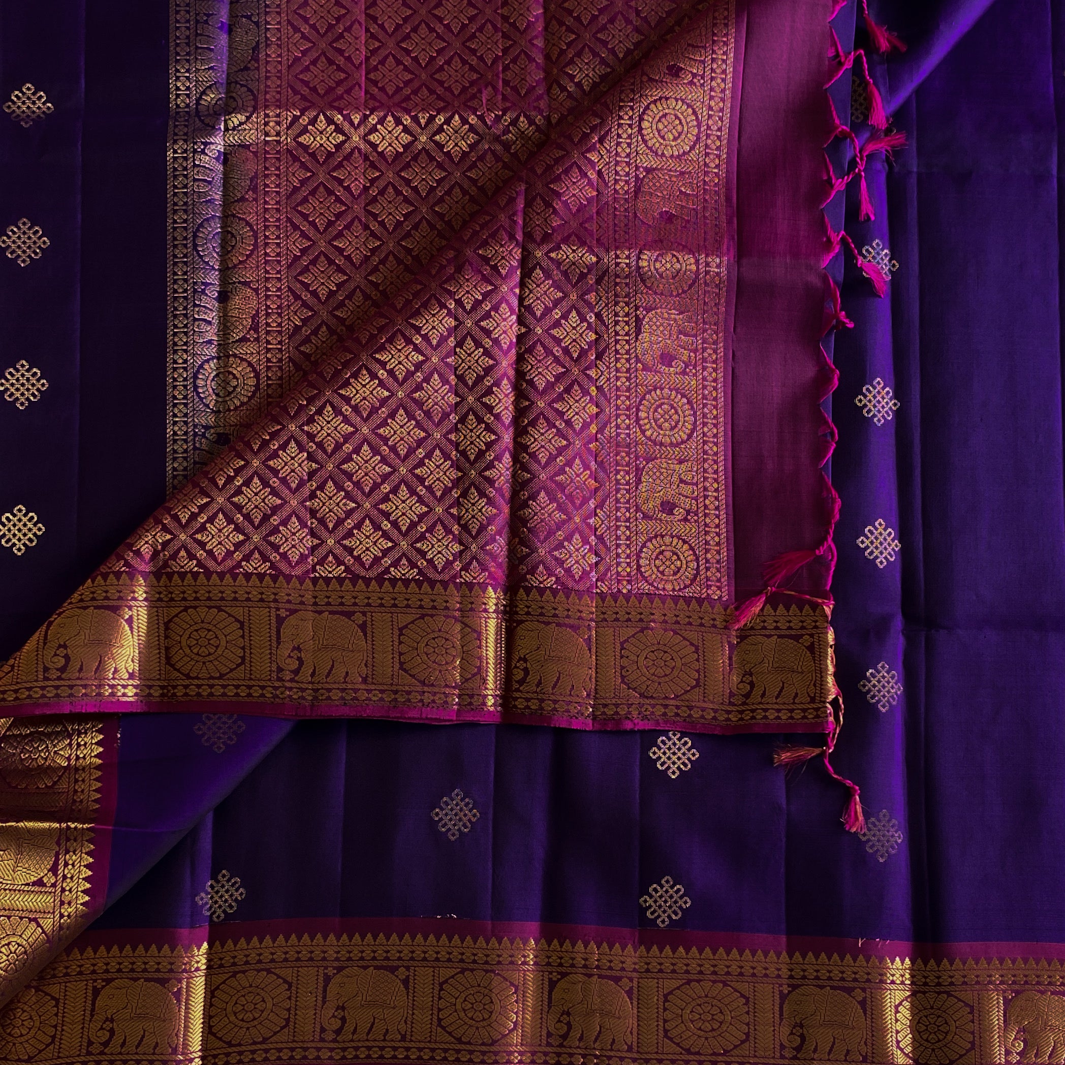 Royal Purple Zari Border Saree with Fuchsia Pallu and Elephants
