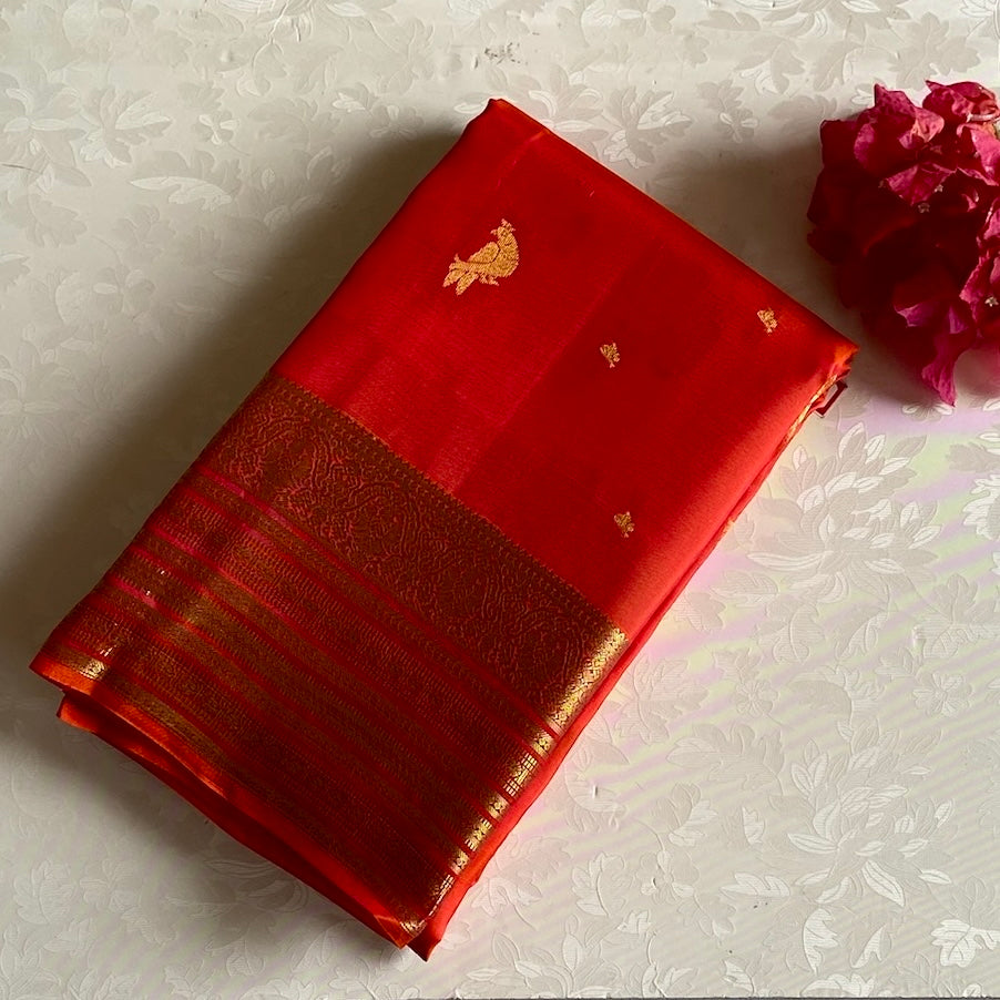 Burnt Orange Designer Pure Silk Saree With Zari Woven Pallu