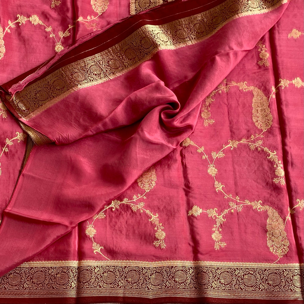 Rani Pink Soft Tussar Silk Saree With Maroon Brocade Pallu