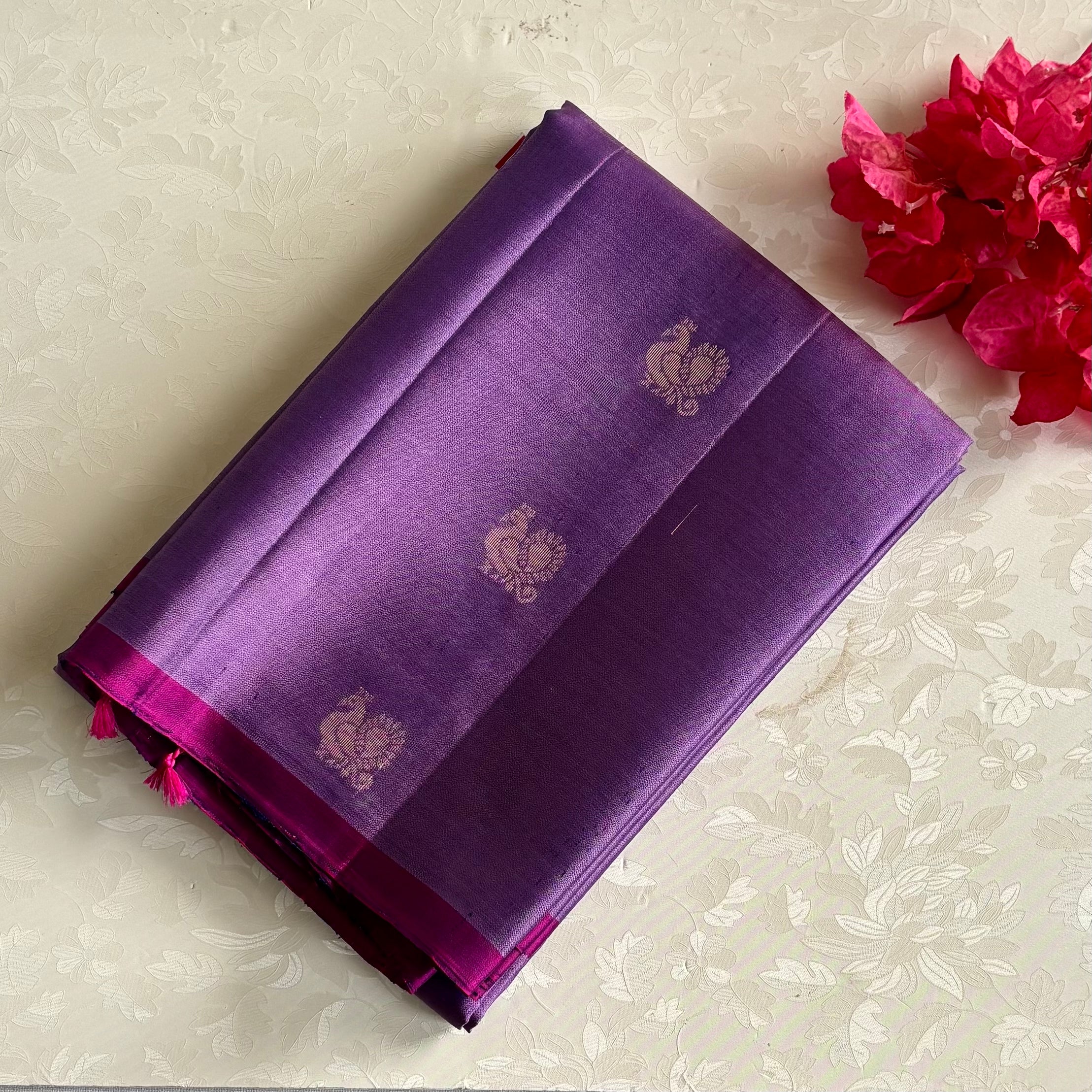 Royal Purple Designer Pure Silk Saree With Rani Pink Pallu