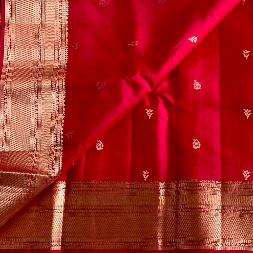 Cherry Red Designer Pure Silk Saree With Antique Gold Border