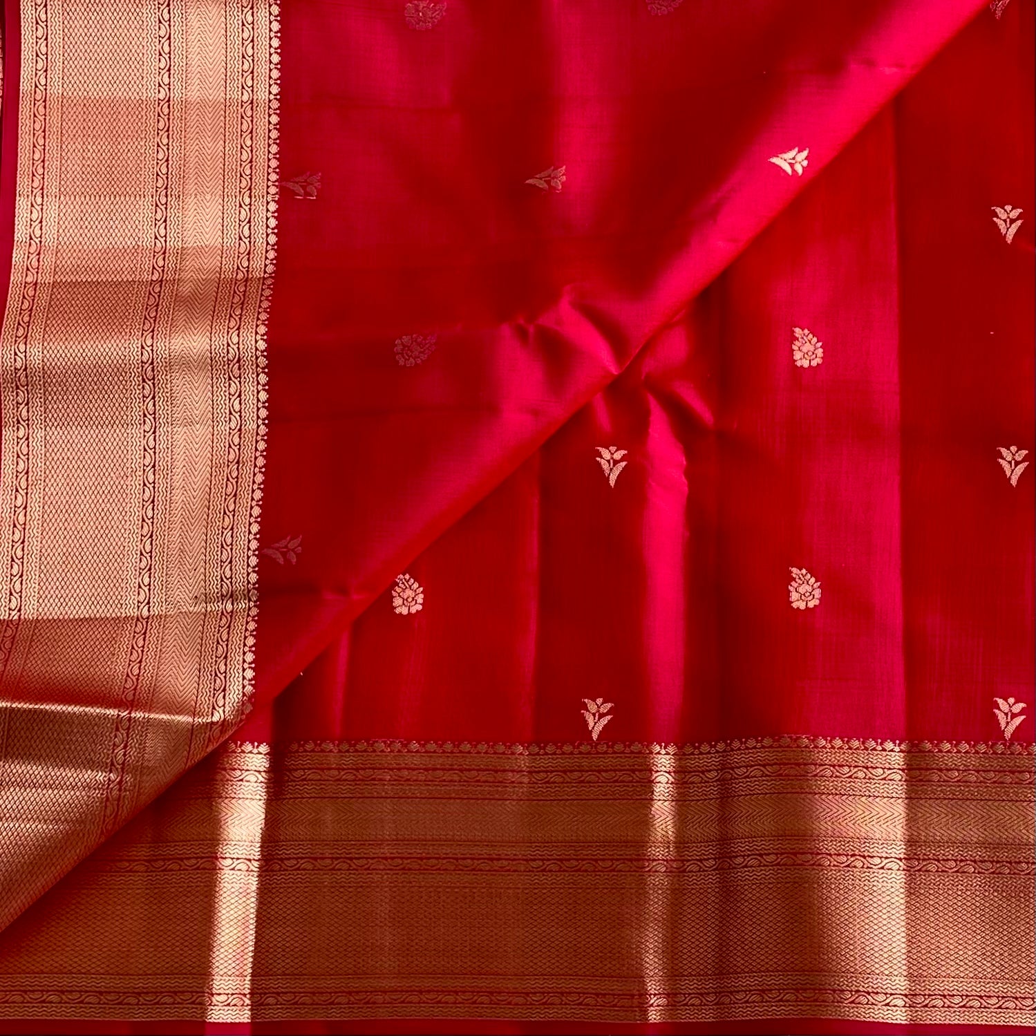 Cherry Red Designer Pure Silk Saree With Antique Gold Border