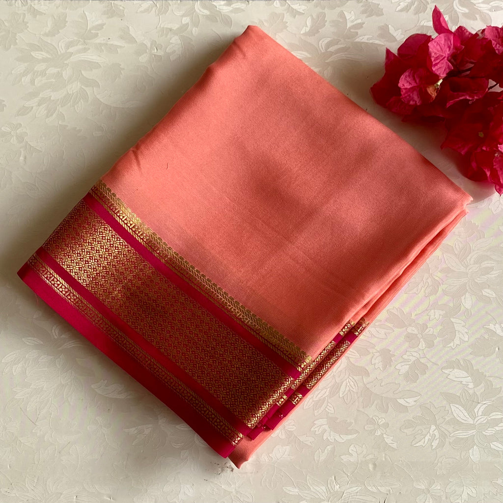 Sorbet Peach Mysore Crepe Silk Saree Rani Pink Gold Zari Border