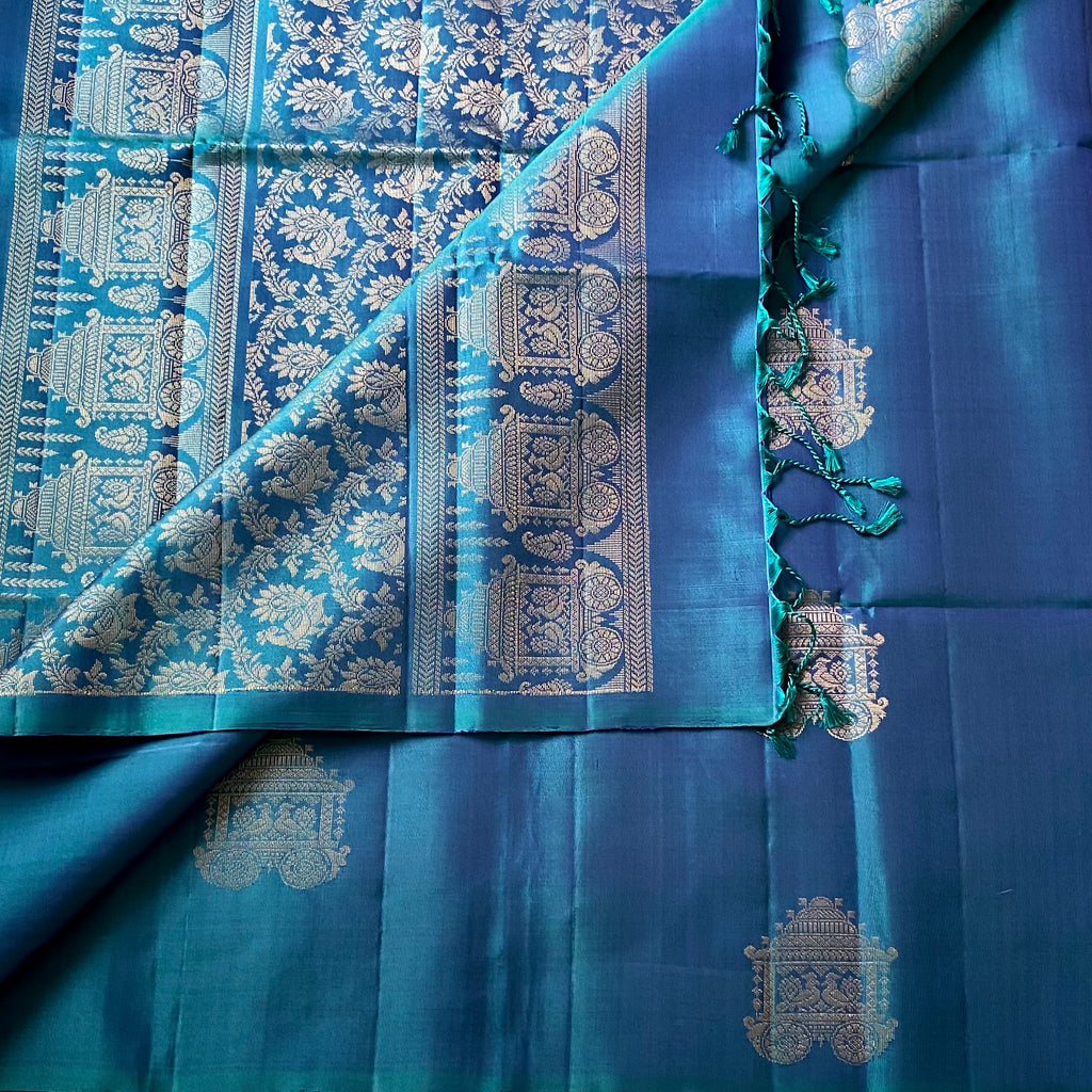 Peacock Blue Silk Brocade Saree Antique Gold Temple Motif