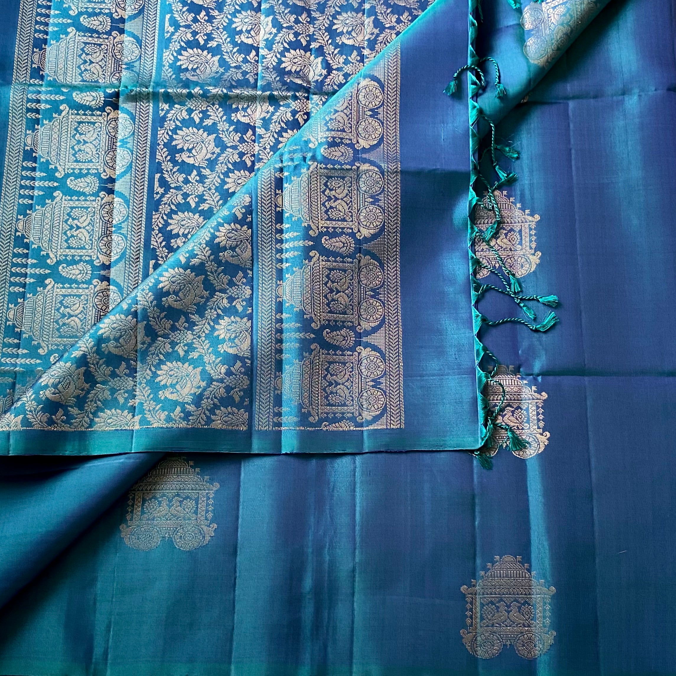 Peacock Blue Silk Brocade Saree Antique Gold Temple Motif