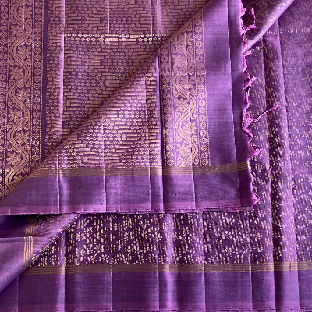 Royal Purple Designer Pure Silk Saree With Antique Gold Zari Striped Border