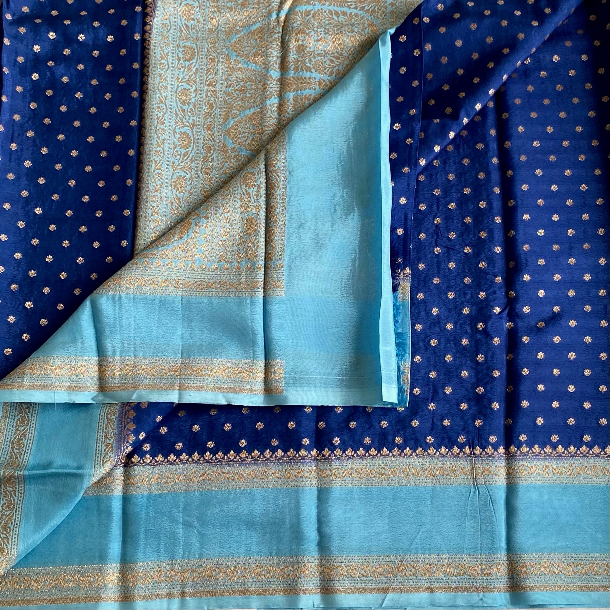 Royal Blue Banarasi Crepe Silk Saree With Sky Blue Pallu