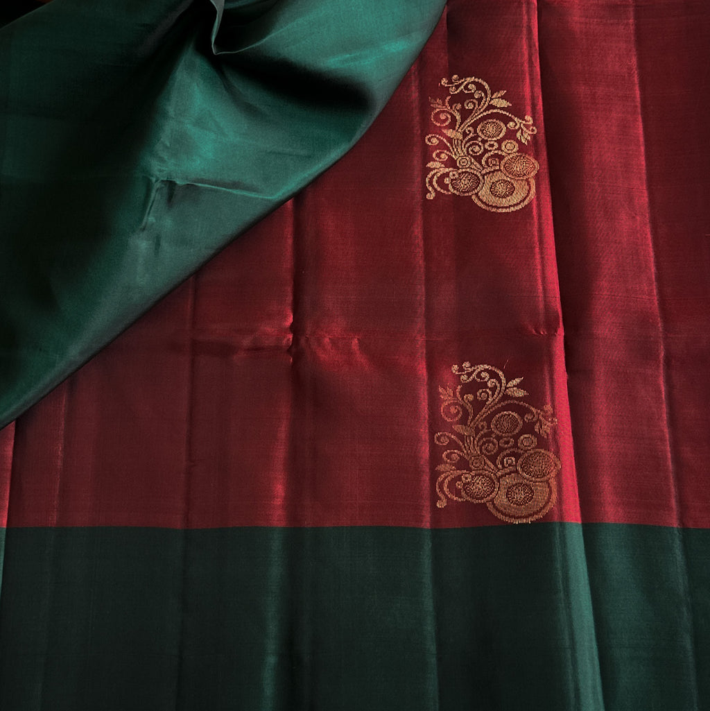 Pine Green Maroon Silk Saree Antique Gold Zari Floral Border