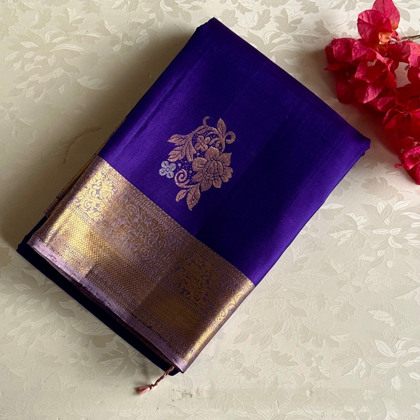 Royal Purple Designer Pure Silk Saree With Rose Gold Brocade Pallu