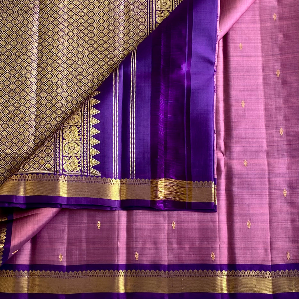 Metallic Mauve Kanjeevaram Pure Zari Silk Saree With Royal Purple Pallu