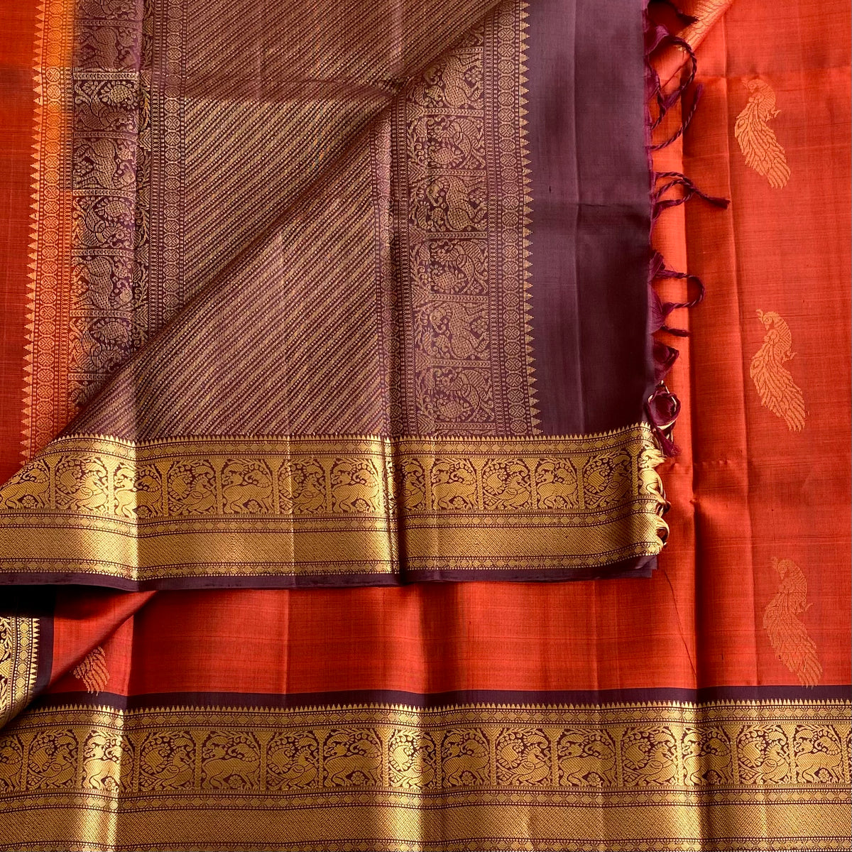 Rust Orange Designer Pure Silk Saree With Deep Plum Pallu