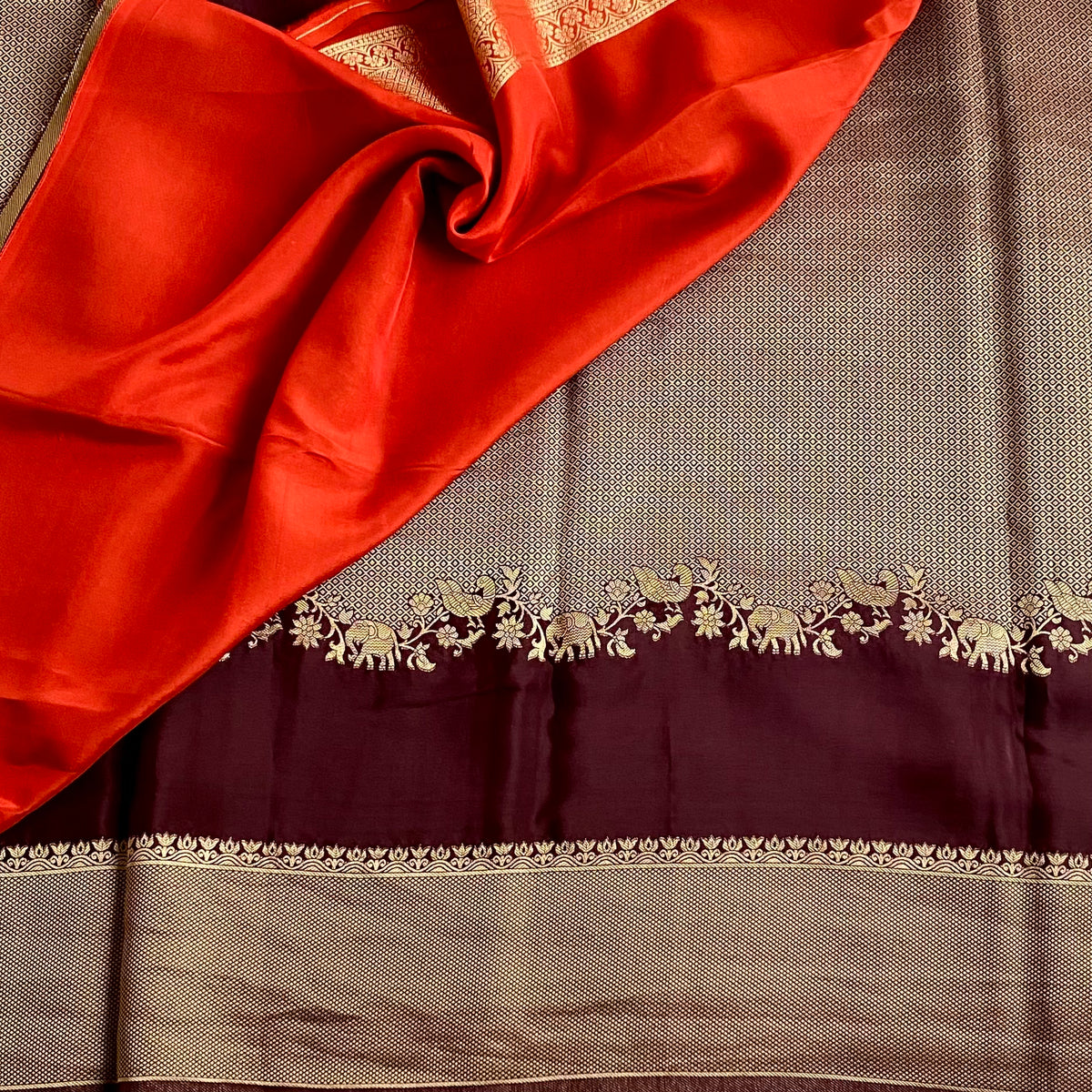 Deep Plum Brown Soft Crepe Silk Saree Antique Gold Jaal