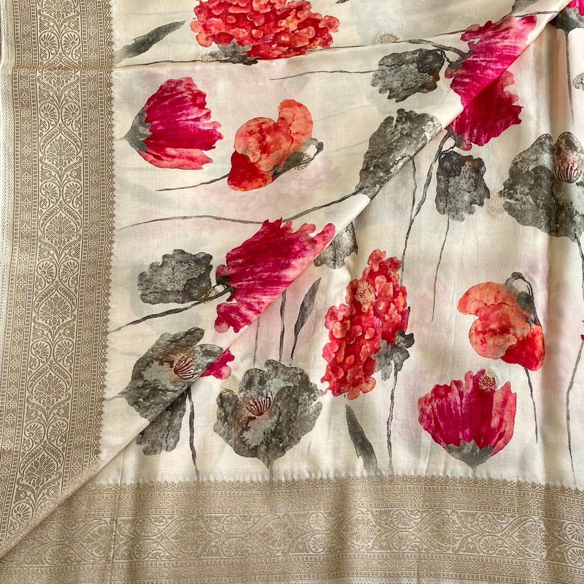 Ivory Pearl Floral Premium Tussar Silk Saree With Antique Zari Borders