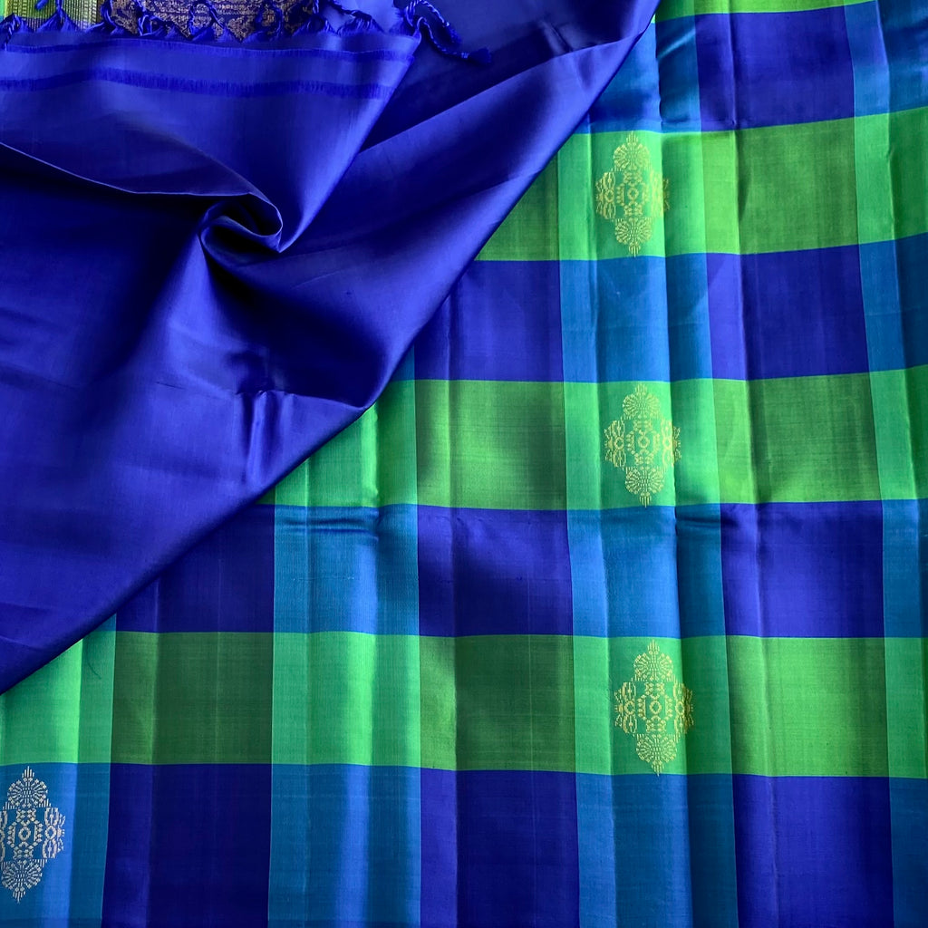 Checkered Blue & Emerald Green Designer Pure Silk with Royal Blue Pallu