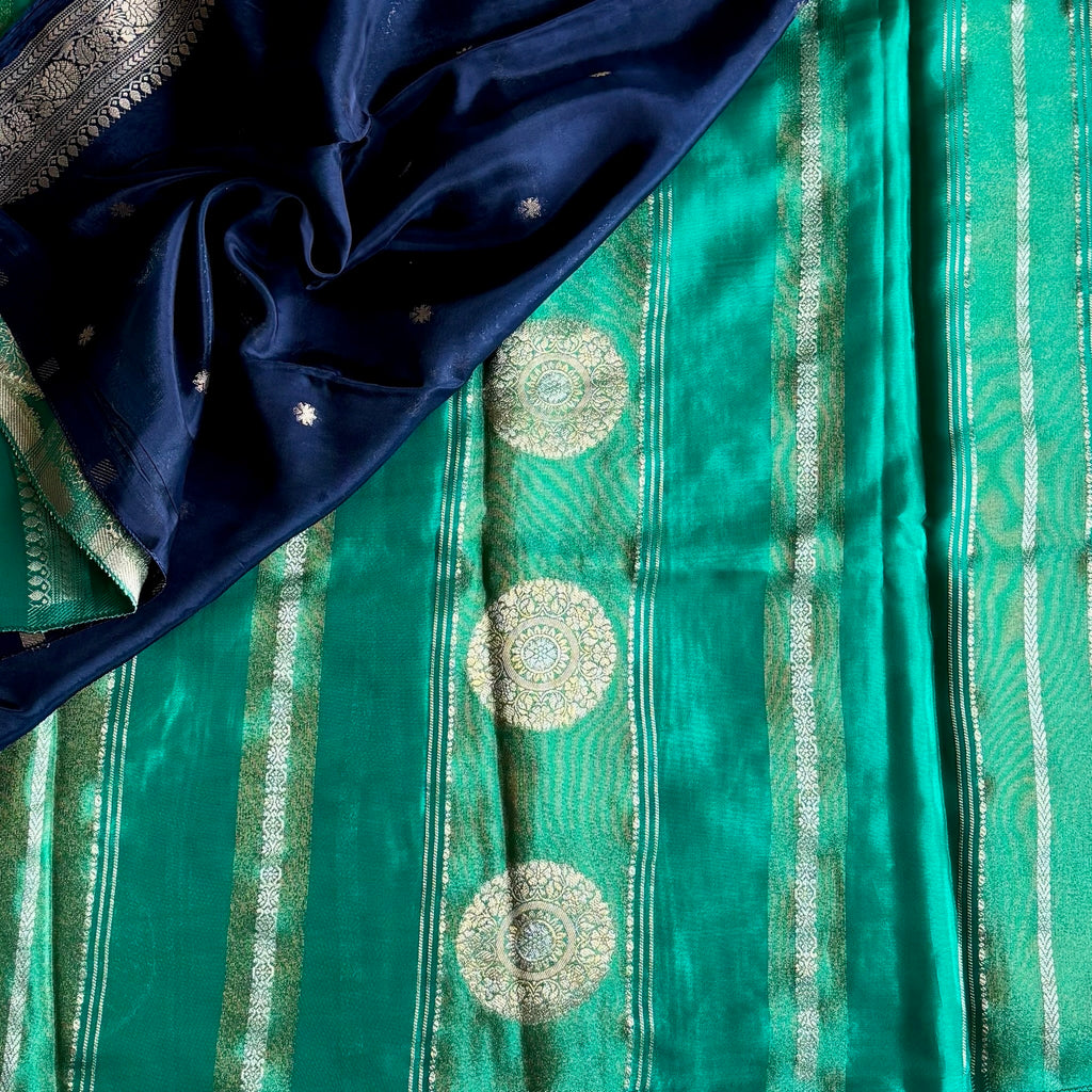 Dual Sea Green Soft Designer Crepe Silk Saree With Silver Floral Pallu