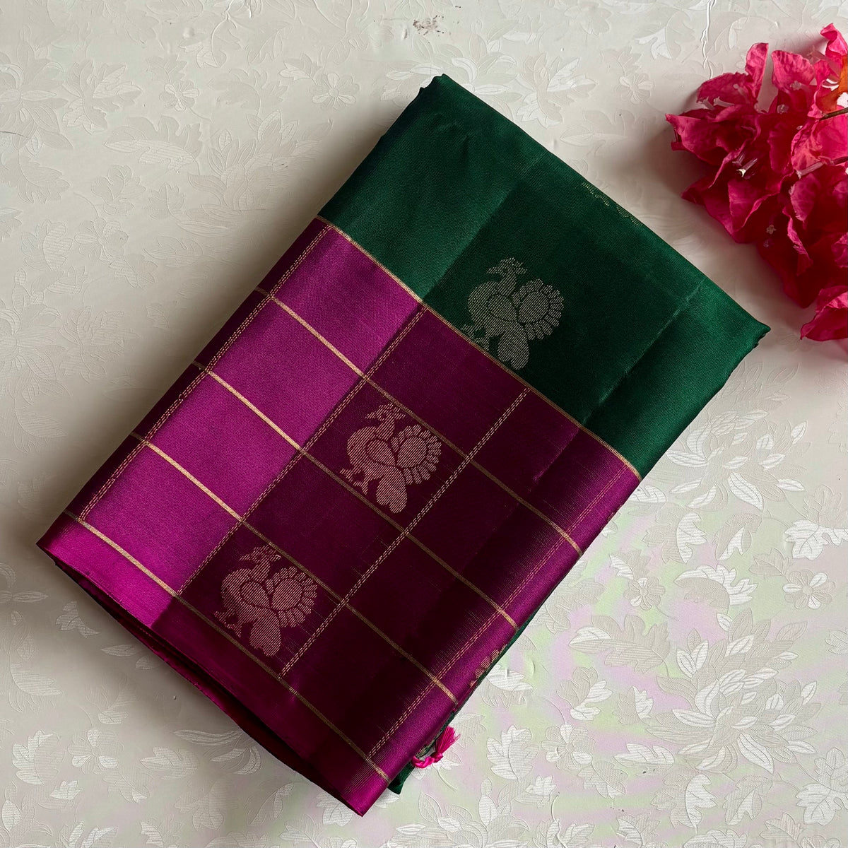 Emerald Green Deep Magenta Designer Pure Silk Saree With Checkered Weave