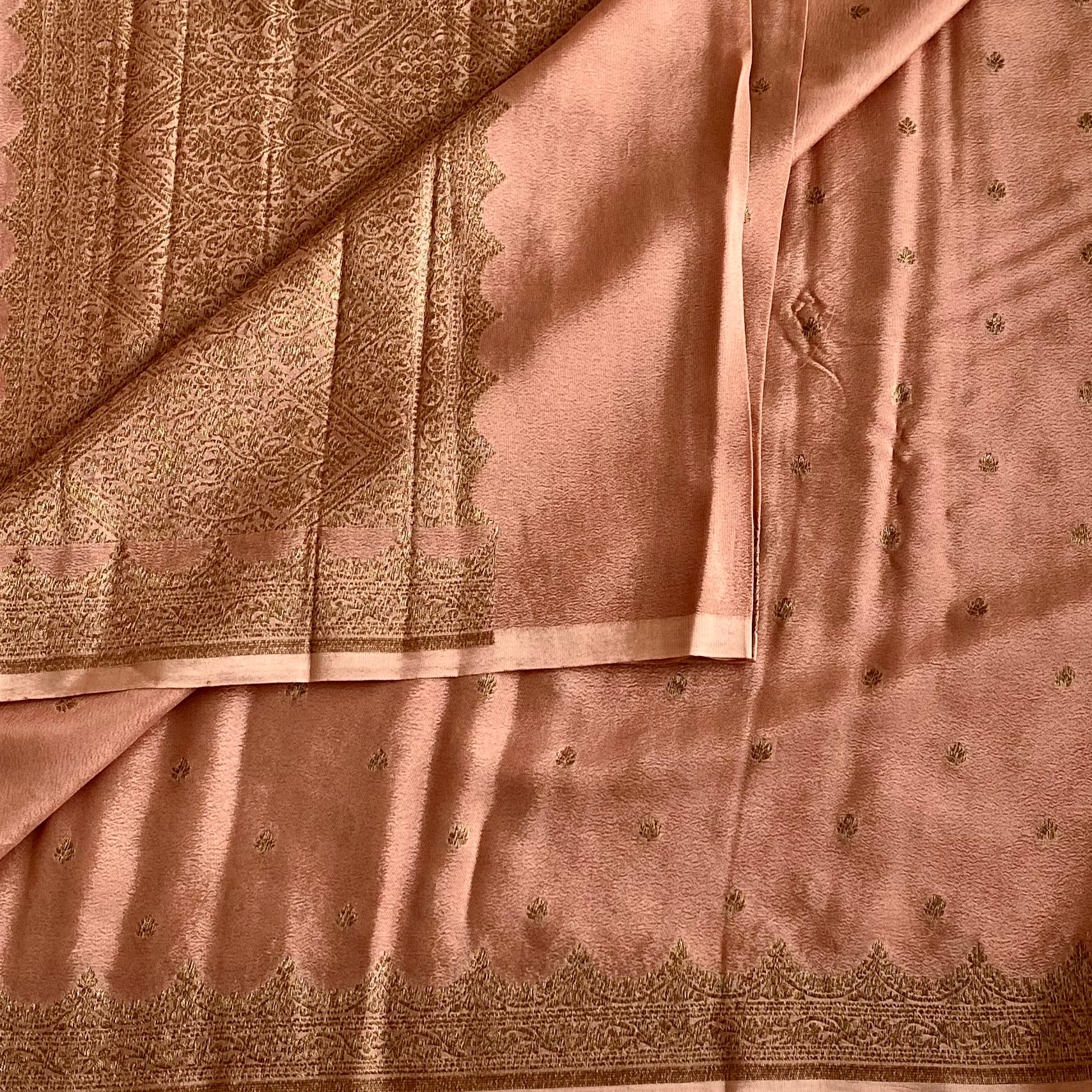 Metallic Bronze Banarasi Soft Crepe Silk Saree With Antique Gold Woven Border
