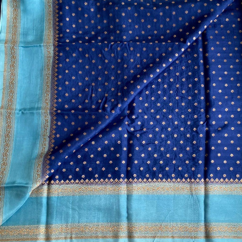 Royal Blue Banarasi Crepe Silk Saree With Sky Blue Pallu