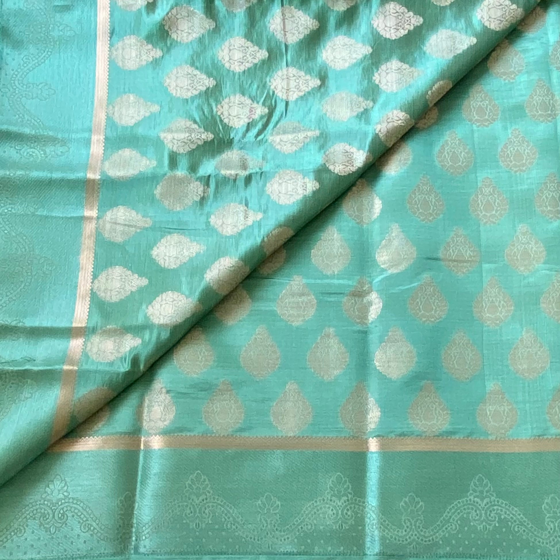 Mint Green Banarasi Silk Saree With Antique Gold Zari Border