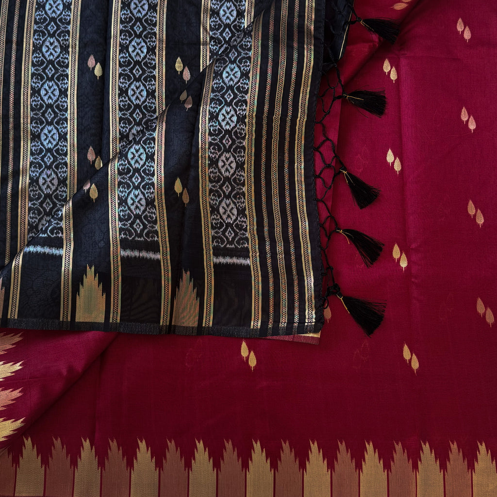 Black Ikat Saree with Maroon Pallu and Gold Zari Border