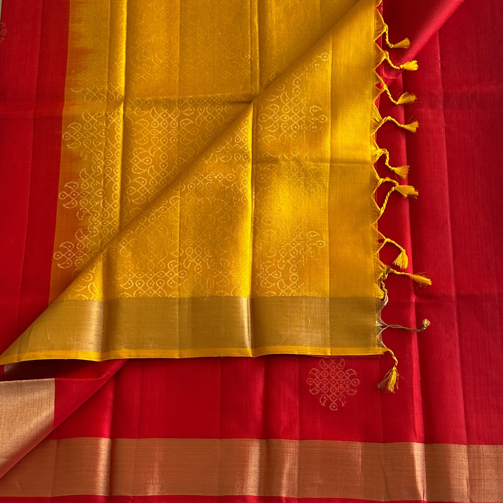 Mustard Yellow Silk Saree with Crimson Border and Copper Zari