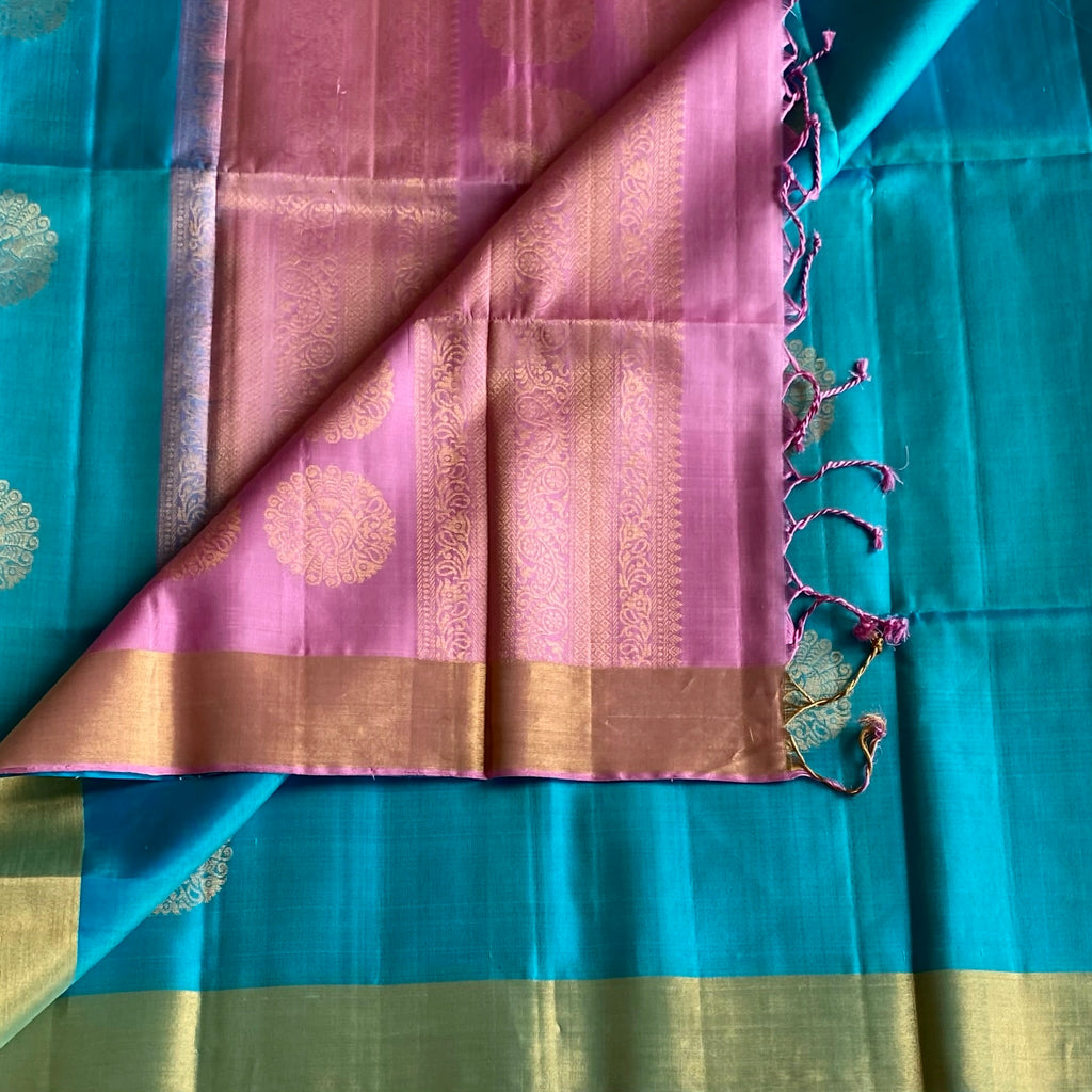 Sky Blue Designer Pure Silk Saree With Rose Pink Pallu