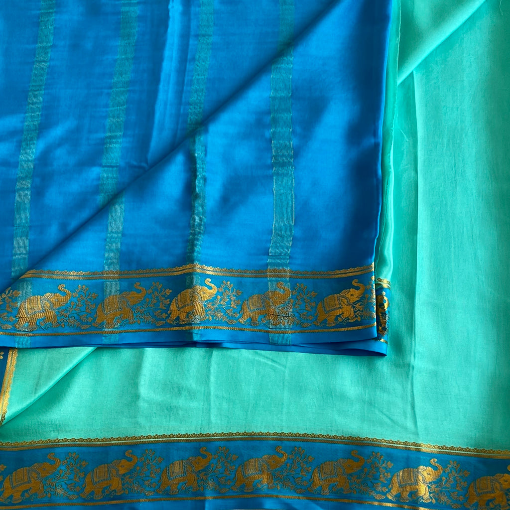 Sea Blue Mysore Crepe Silk Saree Turquoise Blue Pallu Gold Border