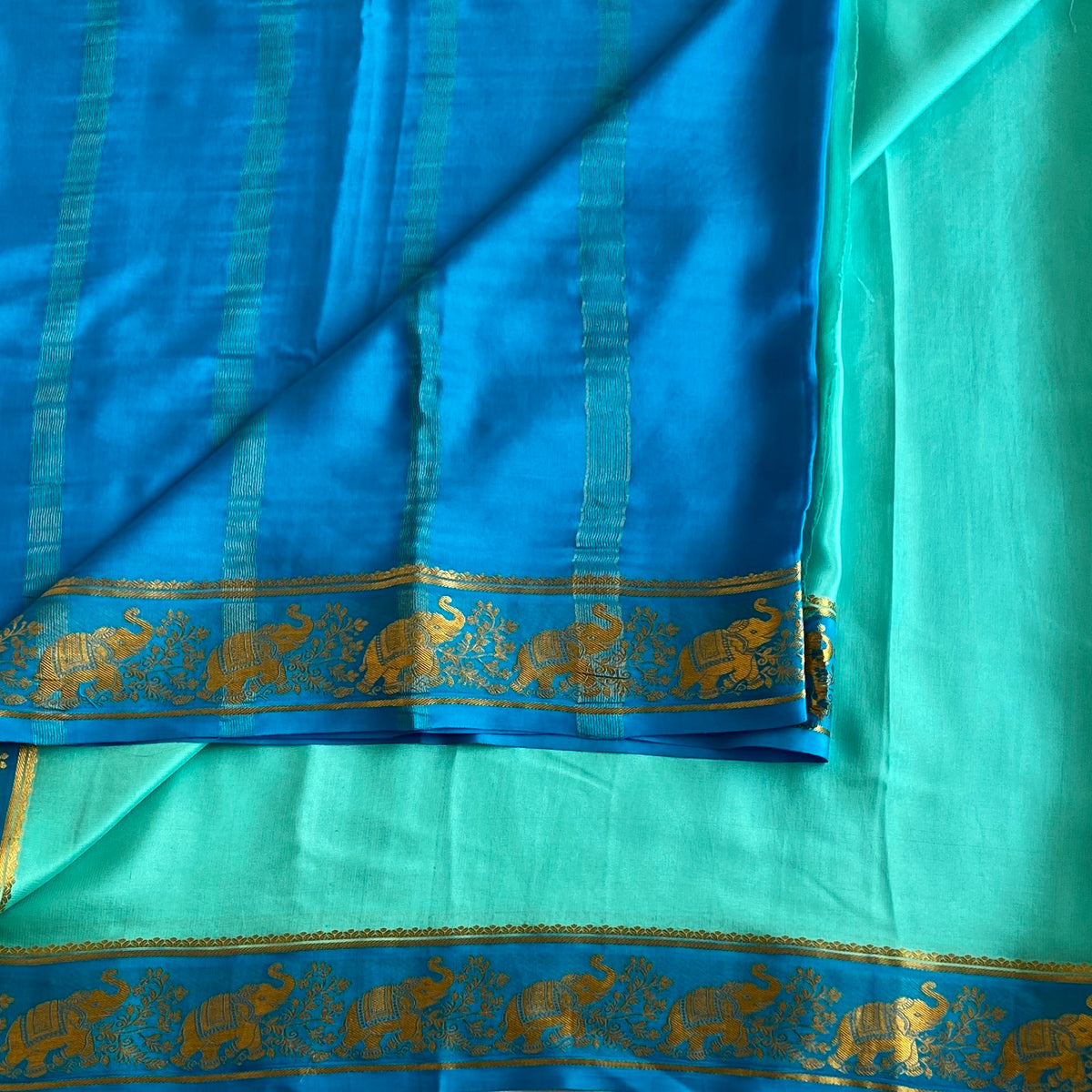 Sea Blue Mysore Crepe Silk Saree Turquoise Blue Pallu Gold Border
