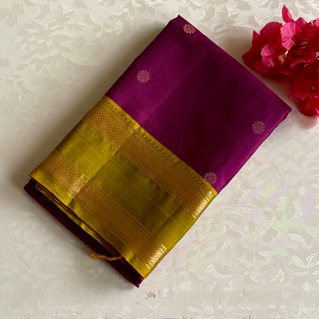 Magenta Pink Designer Pure Silk Saree With Mustard Gold Retta Petta Borders