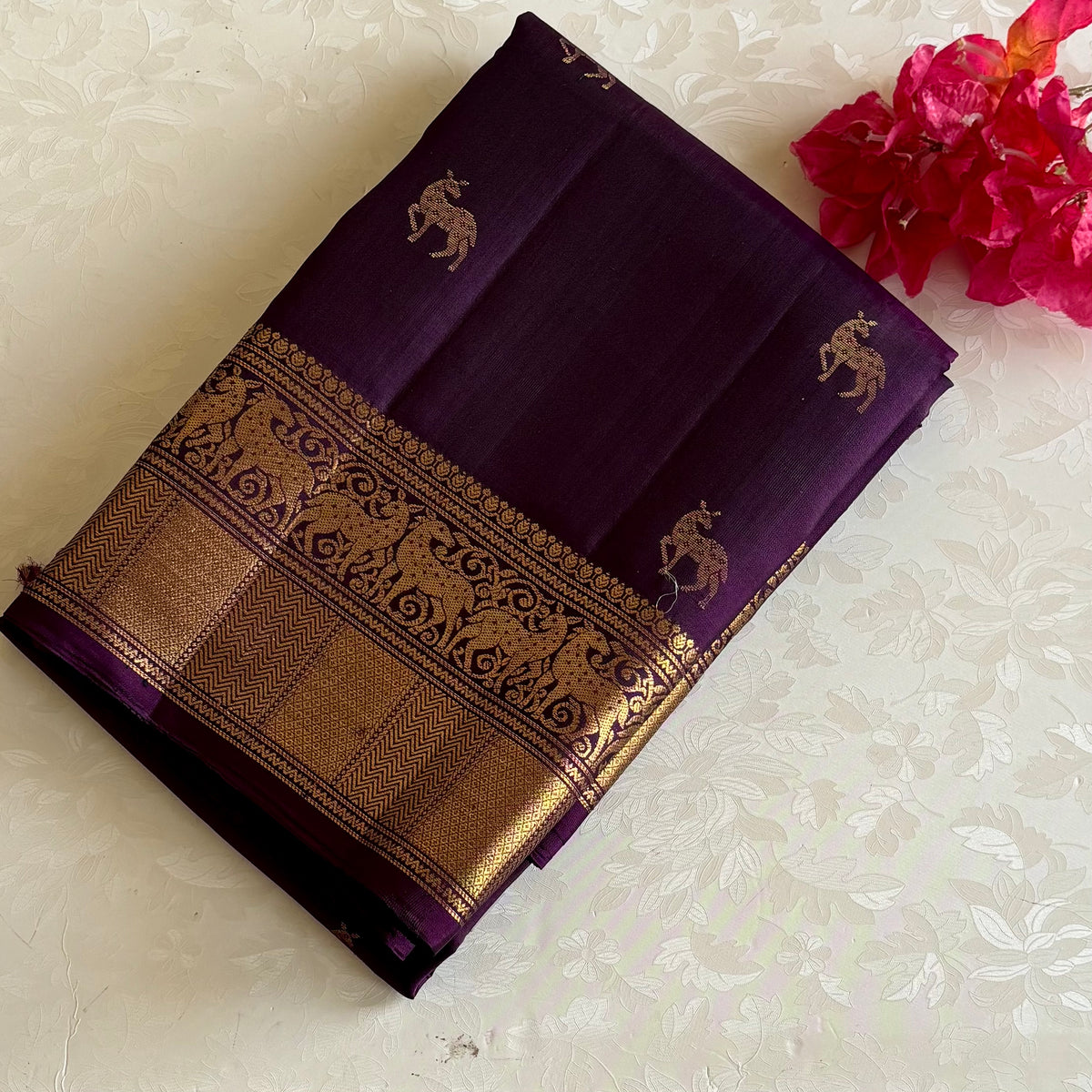 Deep Wine Purple Designer Pure Silk Saree With Antique Gold Zari Motifs