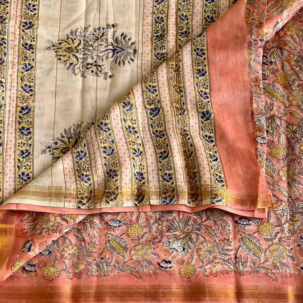 Peach Coral Soft Tussar Silk Saree With Ivory Cream Pallu