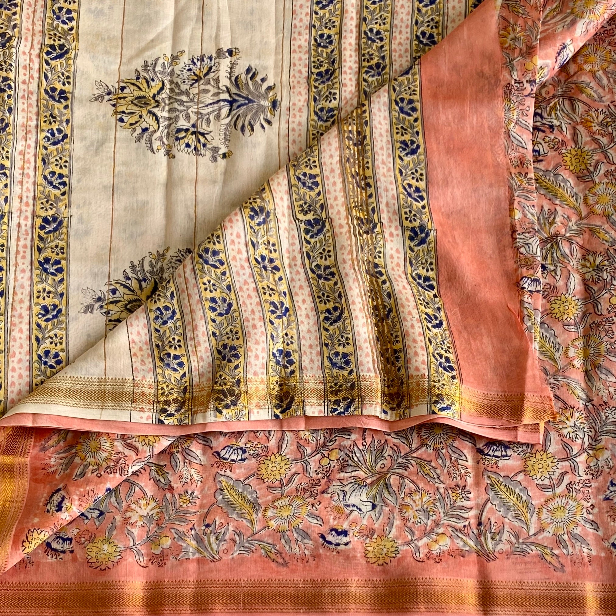 Peach Coral Soft Tussar Silk Saree With Ivory Cream Pallu