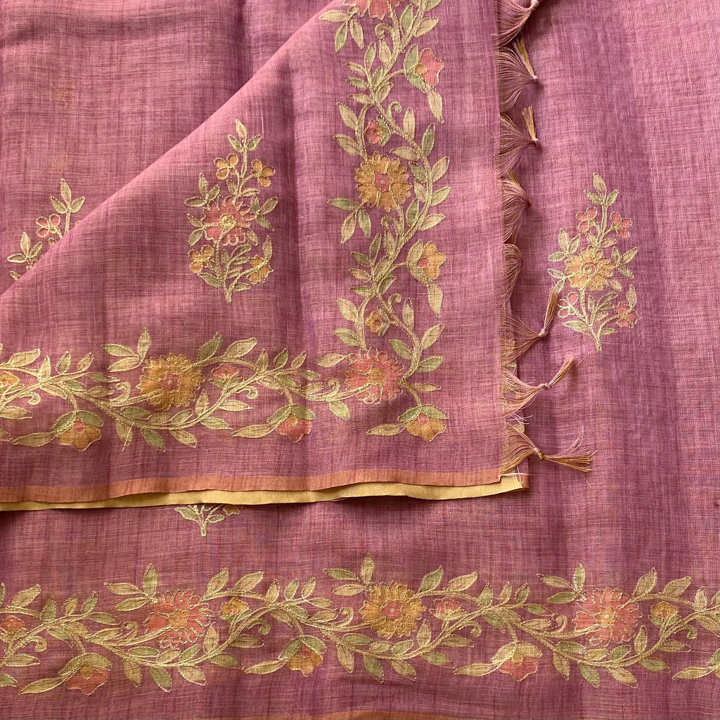 Elegant Rose Mauve Floral Embroidered Saree with Gold Border Tassels